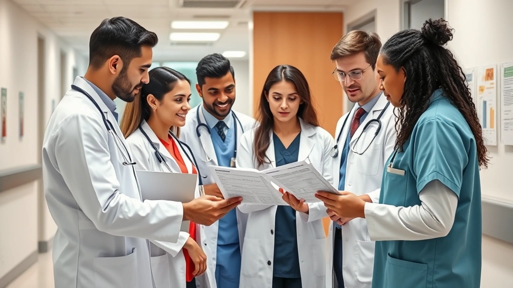Diverse group of healthcare professionals in clinical setting collaborating around patient chart, modern hospital environment, focused and engaged, representing career opportunities in health sector