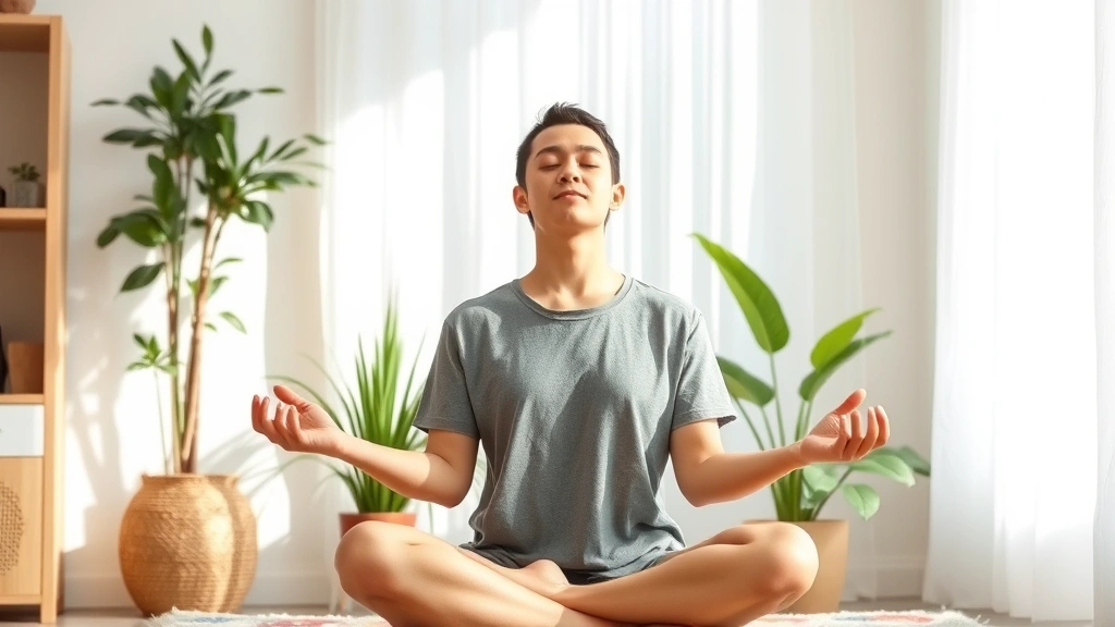Person meditating peacefully in natural light environment, serene expression, wellness and mental clarity evident, minimalist home setting with plants, no text or symbols