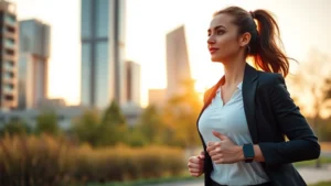Professional woman in business attire jogging through urban park at sunrise, confident expression, morning energy, fitness watch visible, modern cityscape background, golden hour lighting