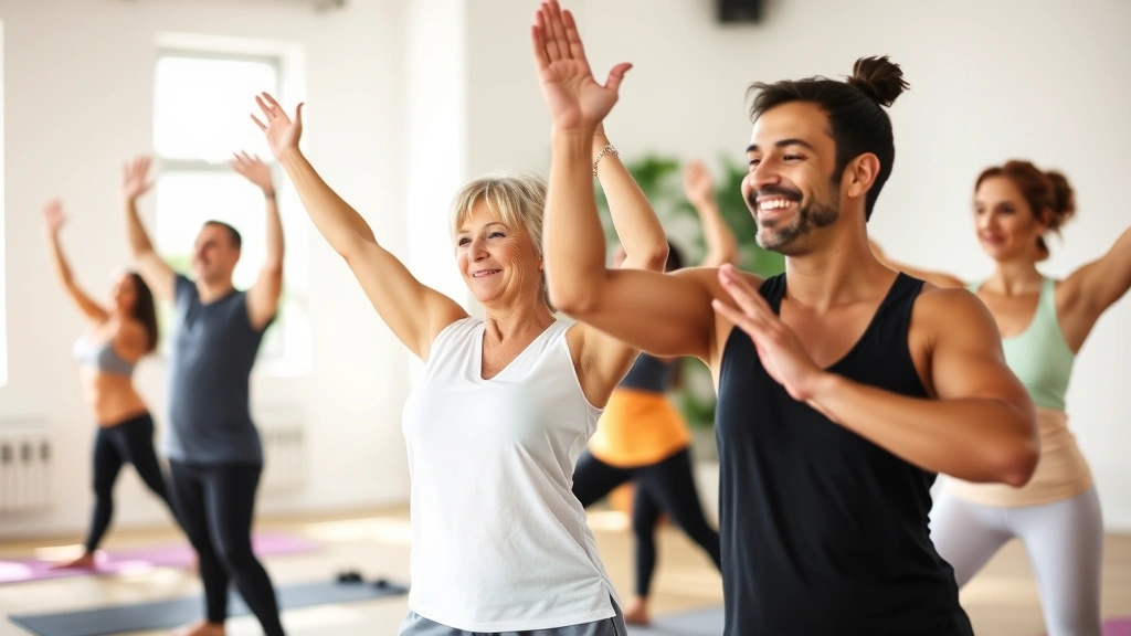 Diverse group of adults in fitness class stretching together, smiling and engaged, natural studio lighting, wellness community atmosphere, healthy lifestyle focus