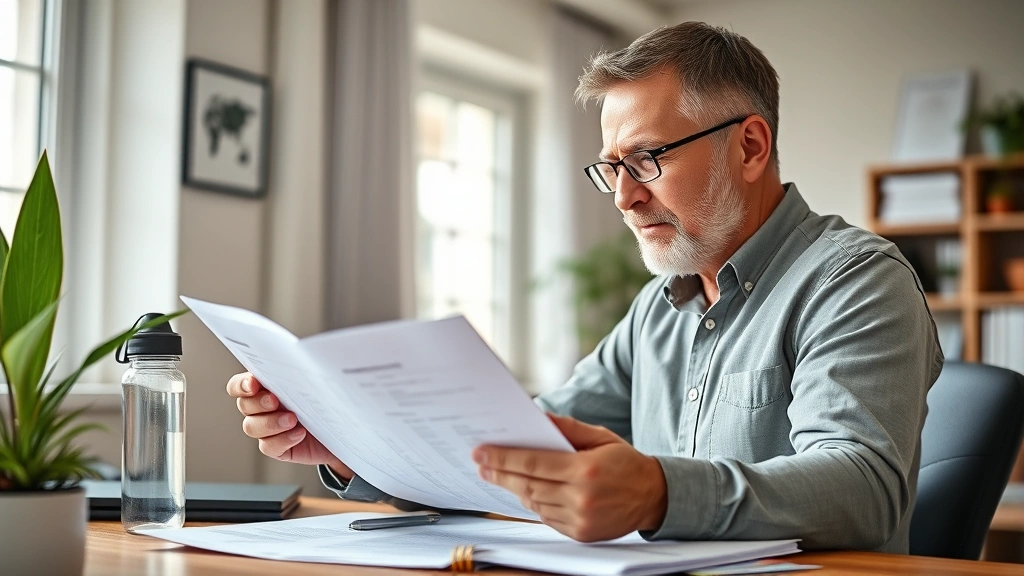 Middle-aged man in home office reviewing financial documents with visible wellness elements like water bottle and plant, focused expression, bright natural window light, work-life balance theme