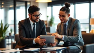 Professional financial advisor meeting with diverse client in modern office, reviewing investment portfolio on tablet, warm lighting, success-focused atmosphere
