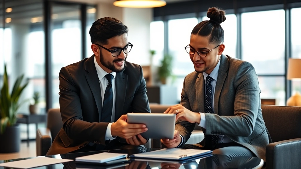 Professional financial advisor meeting with diverse client in modern office, reviewing investment portfolio on tablet, warm lighting, success-focused atmosphere