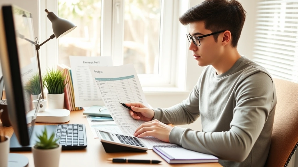 Young professional reviewing budget spreadsheet at home desk with calculator and notebook, focused expression, natural daylight, organized workspace