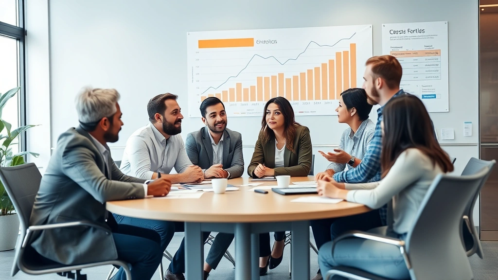 Diverse group of professionals in business casual attire discussing financial goals around conference table with growth charts visible on wall behind them