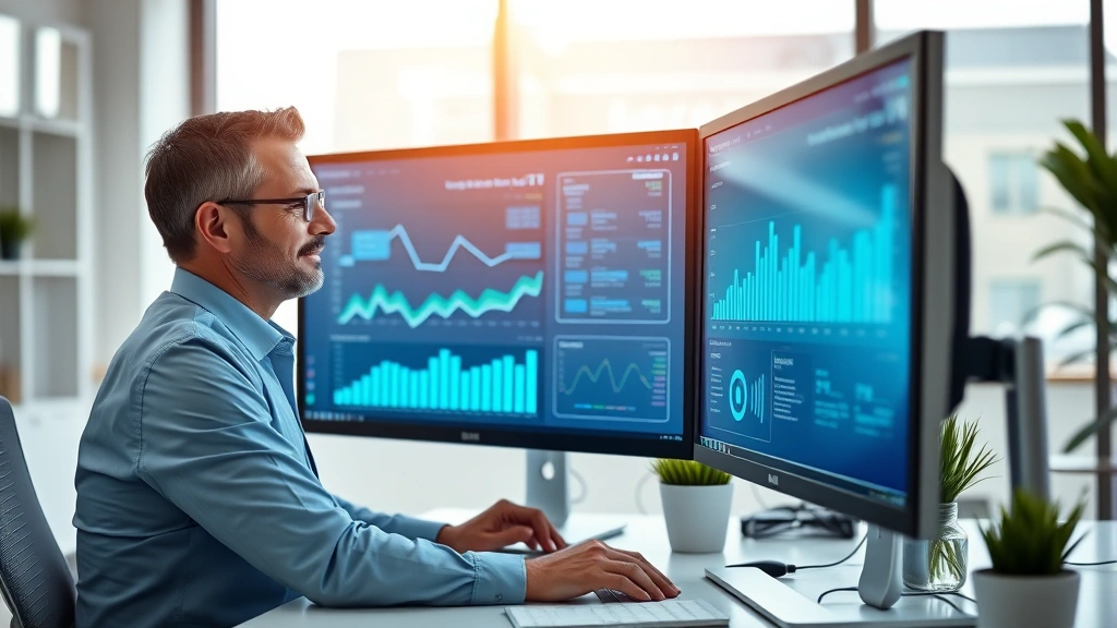 Professional healthcare administrator reviewing digital health analytics on modern computer, bright office environment with financial charts visible, confident expression, modern workplace setting