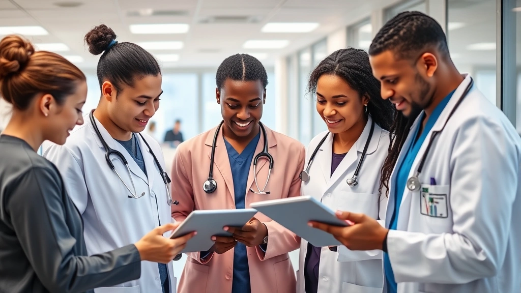 Group of diverse professionals in healthcare setting collaborating on wellness initiatives, reviewing health data on tablets, collaborative atmosphere, modern medical facility interior