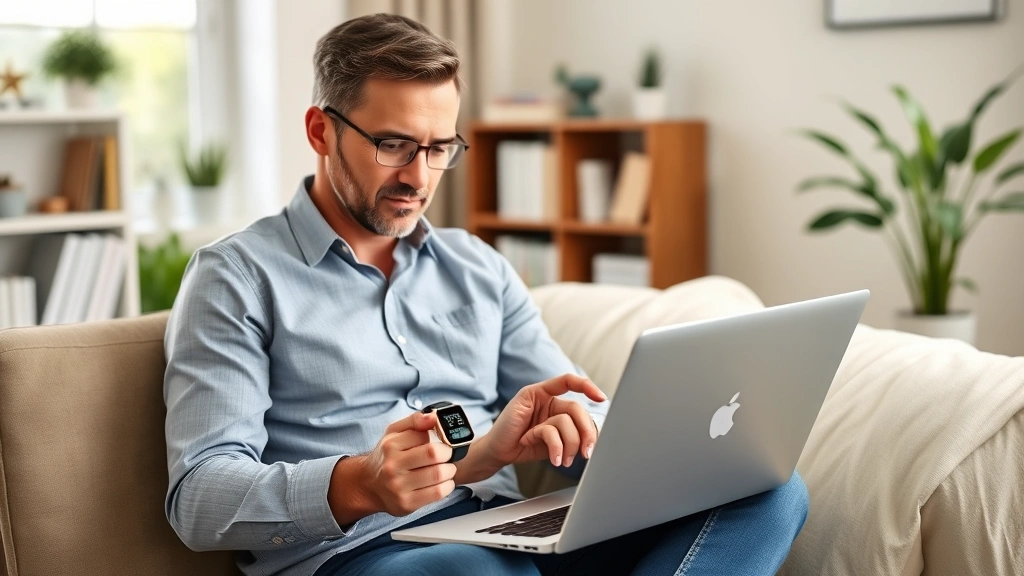 Individual reviewing investment portfolio on laptop while holding wellness tracking device, home office environment, financial planning documents visible, successful professional appearance
