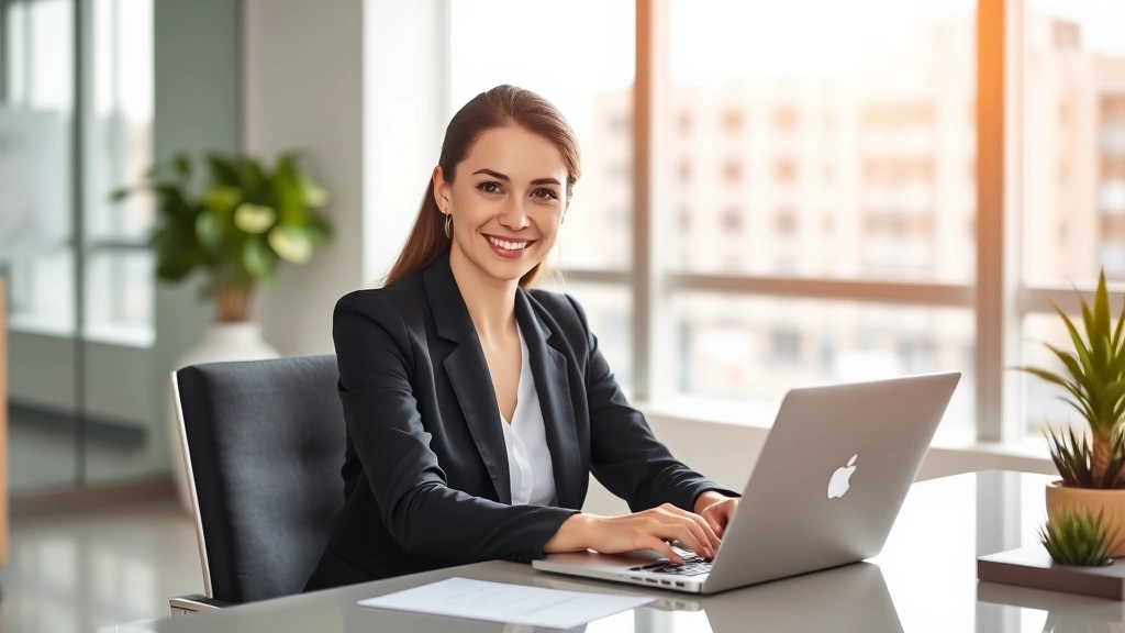 Professional woman in business attire sitting at modern desk in bright office, smiling confidently while working on laptop, natural sunlight streaming through windows, represents workplace wellness and professional success