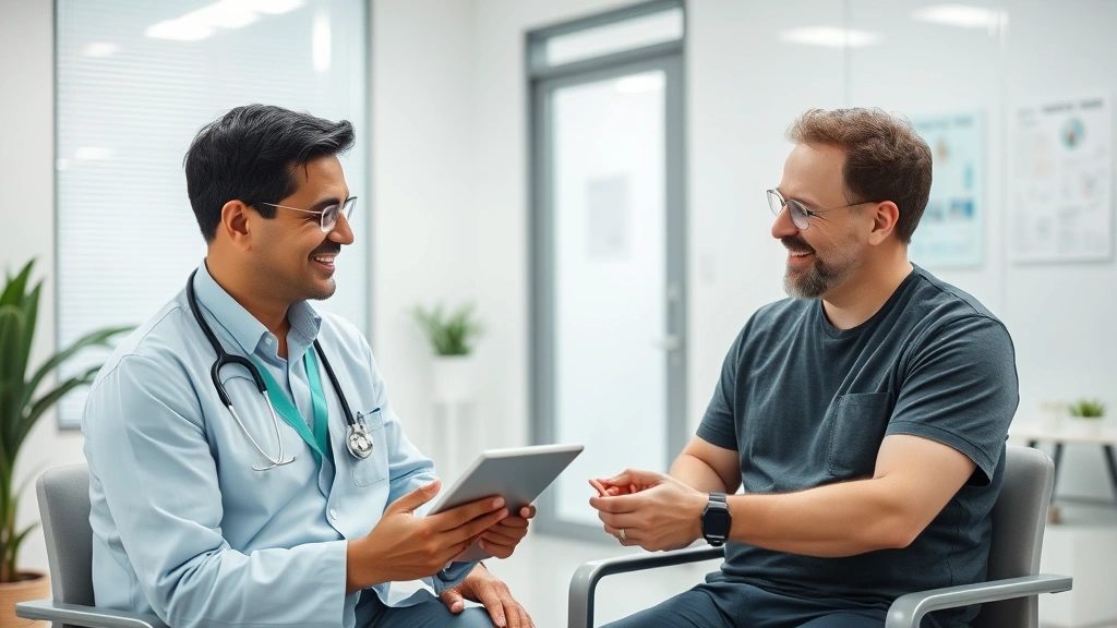 Healthcare professional having consultation with male patient in clean modern medical office, discussing health results with tablet, both smiling and relaxed, represents preventive care and accessible health services