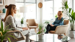 Professional behavioral health clinician in modern office with client, both seated in comfortable therapeutic setting with natural light, plants, and professional furnishings