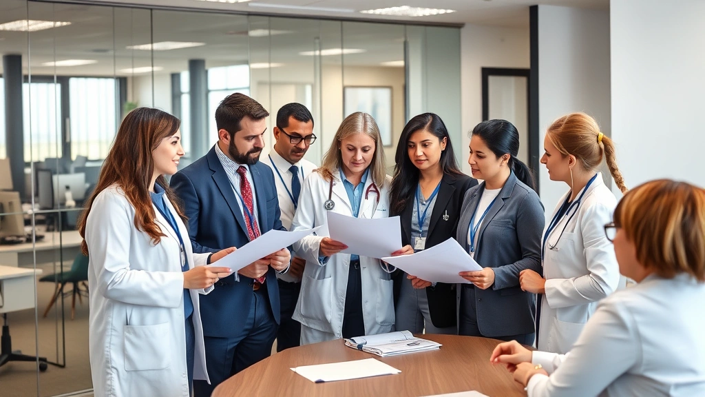 Diverse group of healthcare professionals in business casual attire discussing clinical charts and planning documents in modern medical office conference room