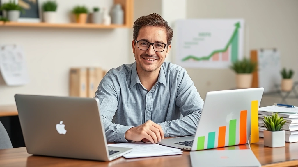 Successful middle-aged behavioral health professional at desk with laptop, financial planning documents, and growth charts showing career progression and wealth accumulation