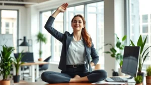 Prosperous professional woman in modern office doing yoga stretching, natural light from windows, minimalist workspace with plants and financial documents on desk, confident posture