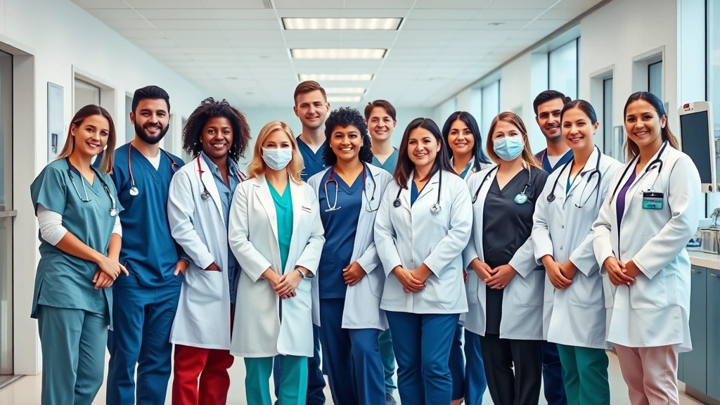 Diverse group of healthcare professionals in modern medical facility wearing scrubs and white coats, collaborative team environment, modern clinic interior with technology and natural lighting