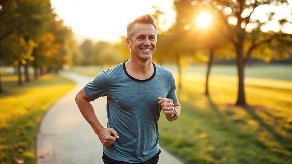 Fit middle-aged person jogging outdoors in scenic park during golden hour, healthy glow, athletic wear, trees and natural landscape background, energetic wellness lifestyle