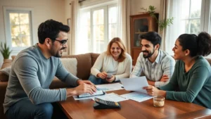 Diverse family sitting together in warm living room discussing financial documents and planning, natural sunlight, peaceful expressions, papers and calculator on wooden table