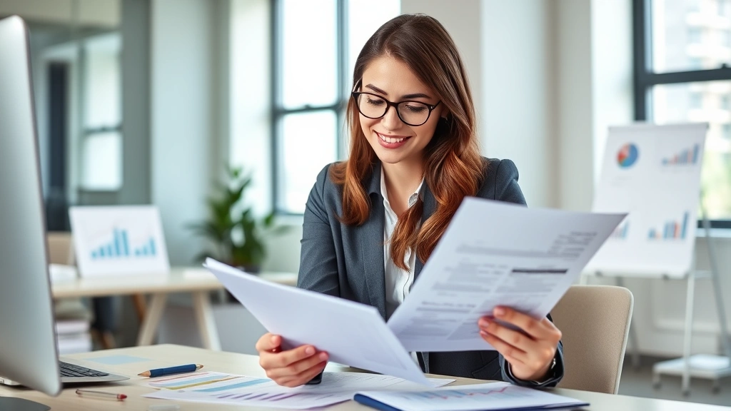 Professional woman in business attire reviewing investment portfolio with confident expression, modern office setting, charts and financial documents visible on desk, organized workspace