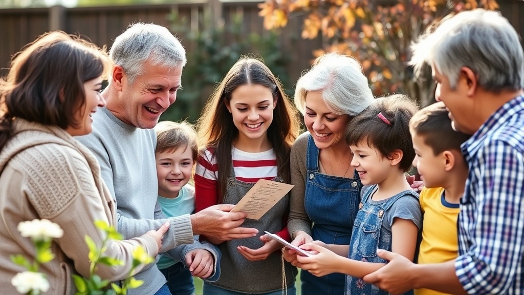 Multi-generational family group gathered outdoors in garden setting, grandparents teaching grandchildren about saving, warm natural lighting, smiling faces, passing wisdom moment