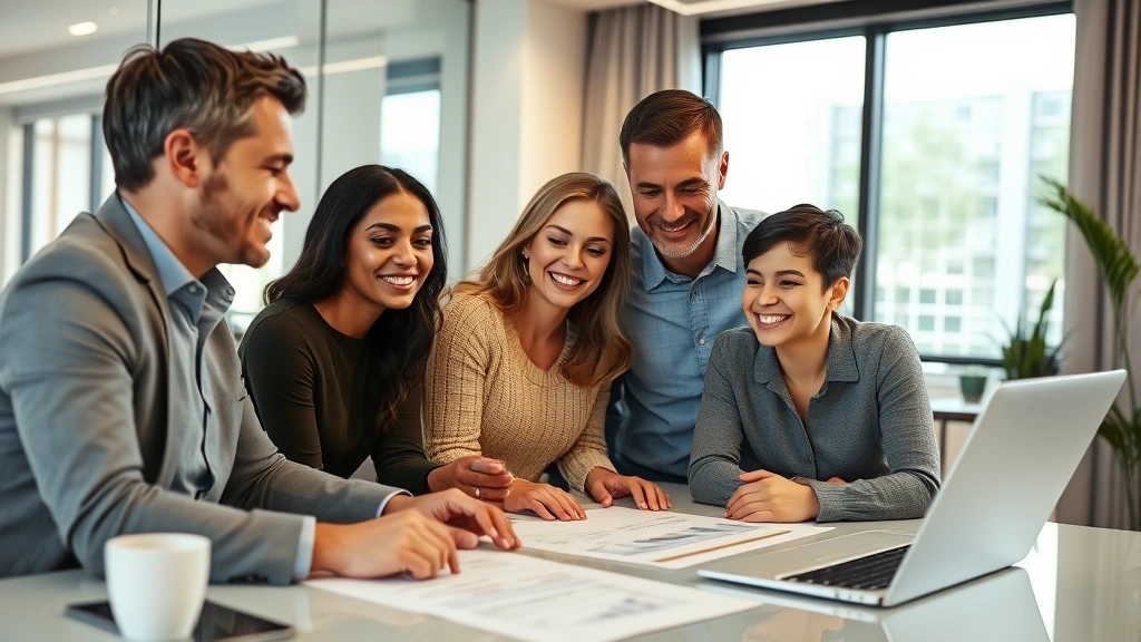 Professional family meeting with financial advisor in modern office, reviewing investment portfolio documents on desk, warm lighting, diverse family members smiling, wealth management concept