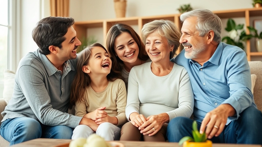 Multi-generational family enjoying time together at home, parents and children laughing, comfortable living room setting, representing family financial security and legacy planning