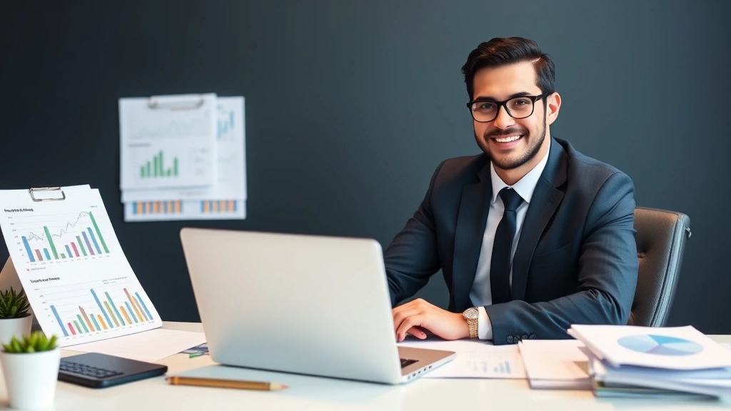 Successful professional at desk with laptop and financial charts, organized workspace with planning documents, confident expression, depicting wealth management and financial planning success
