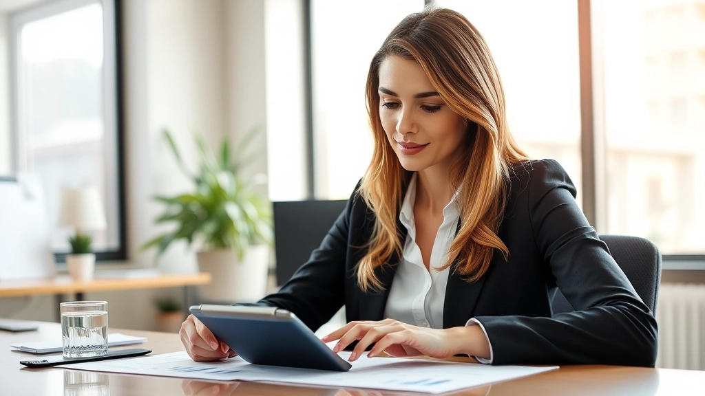 Professional woman reviewing financial documents at desk with calculator and charts, natural lighting from window, modern office setting, confident expression analyzing wealth growth