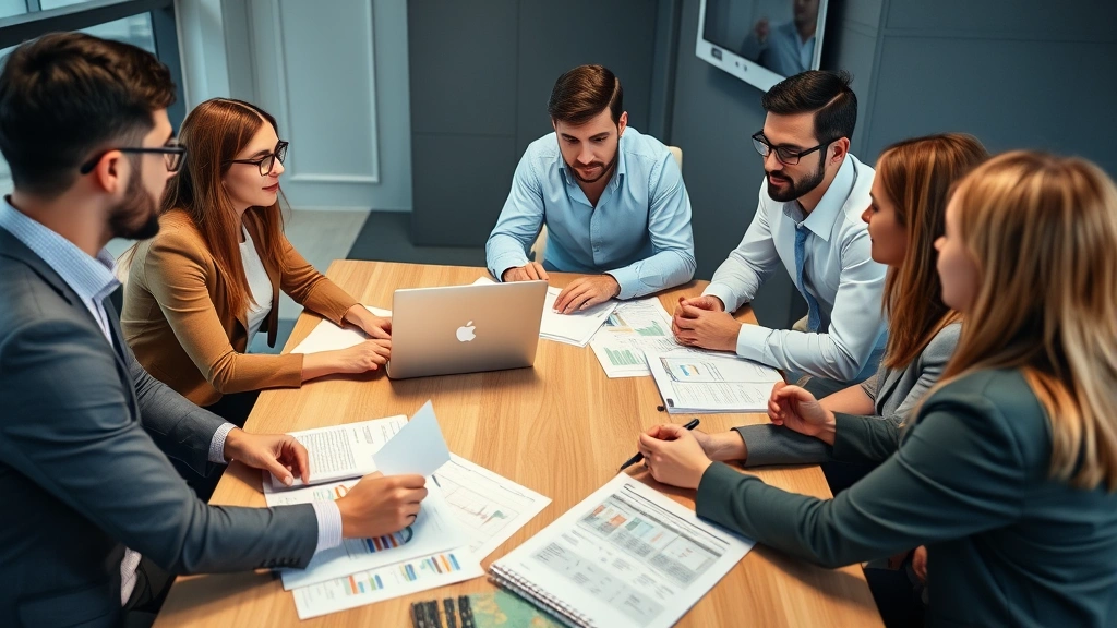 Diverse group of people in business casual attire discussing investment strategy around conference table with laptop, notebooks, and financial reports, collaborative team environment