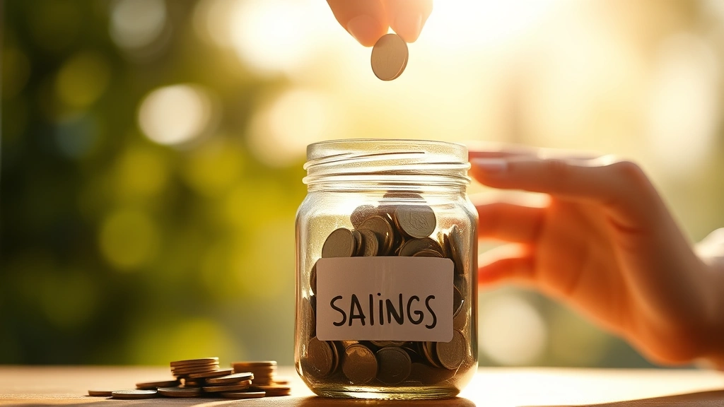 Close-up of hands placing coins into glass jar labeled savings, morning sunlight, realistic accumulation showing financial growth and wealth building progress over time