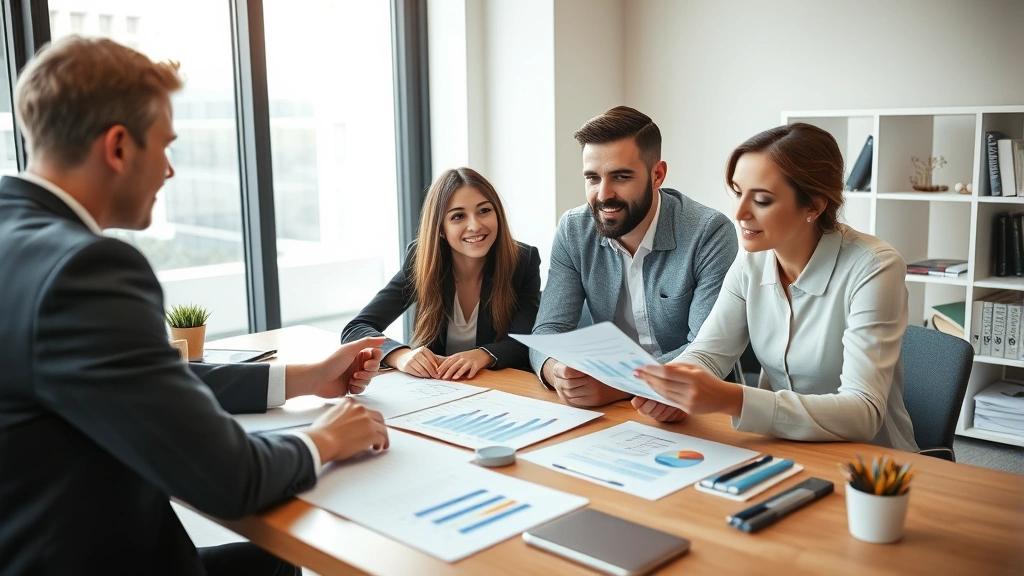 Professional financial advisor meeting with young couple reviewing investment portfolio charts and documents on modern office desk, natural lighting, warm professional atmosphere
