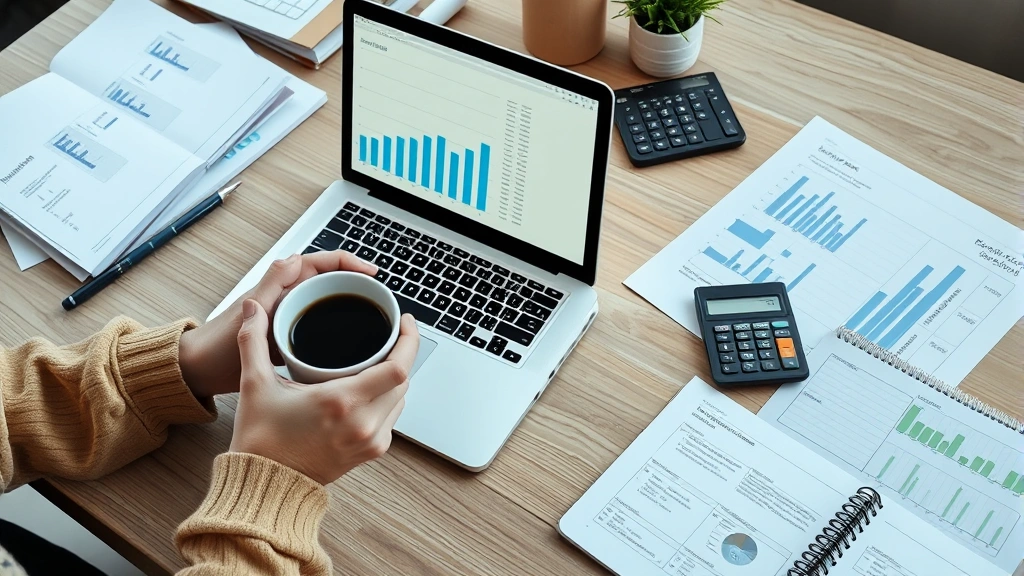 Person reviewing budget spreadsheet on laptop while holding coffee cup, organized desk with financial documents, calculator, and notebook showing wealth planning progress