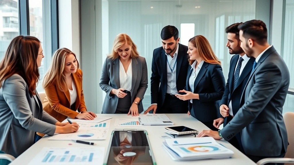 Diverse group of professionals in casual business attire discussing financial growth strategies around conference table with graphs and planning materials visible