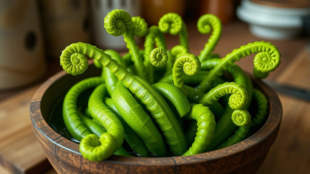 Fresh vibrant green fiddlehead ferns coiled tightly in wooden bowl with water droplets, natural spring lighting, rustic kitchen background, emphasizing delicate tender texture and organic appeal