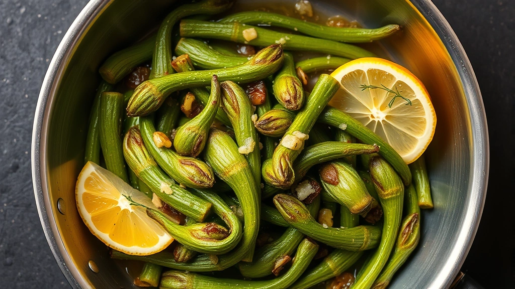 Overhead shot of prepared fiddlehead ferns sautéed with garlic and olive oil in stainless steel pan, steam rising, accompanied by fresh lemon wedge and herbs, appetizing culinary presentation