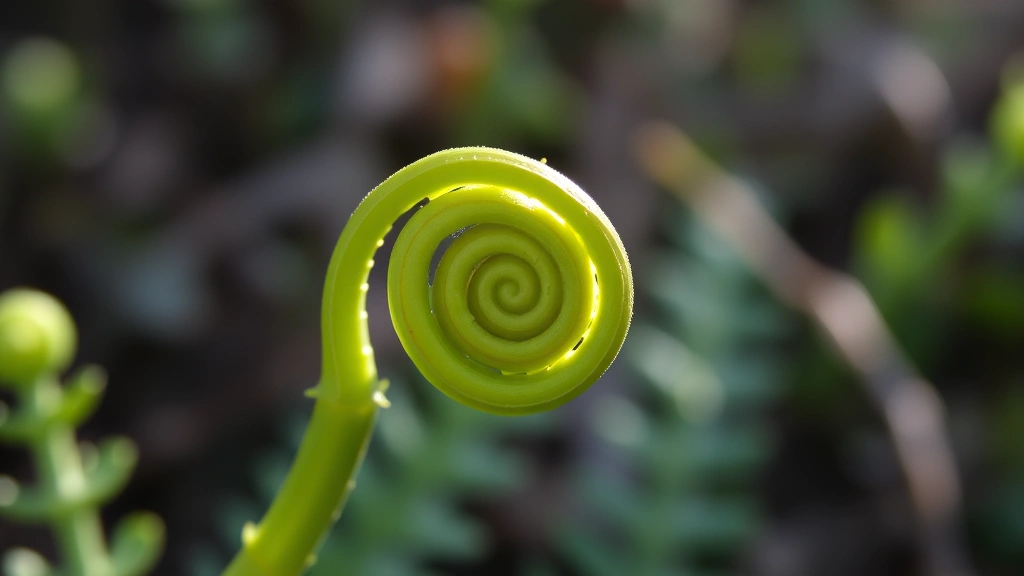 Close-up detail of single unfurling fiddlehead fern frond showing intricate spiral structure and delicate green coloring, natural outdoor spring garden setting with soft sunlight filtering through