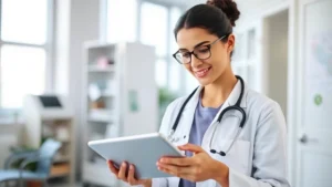 Professional woman reviewing digital health records on tablet in modern medical office, natural lighting, confident expression, healthcare technology focus