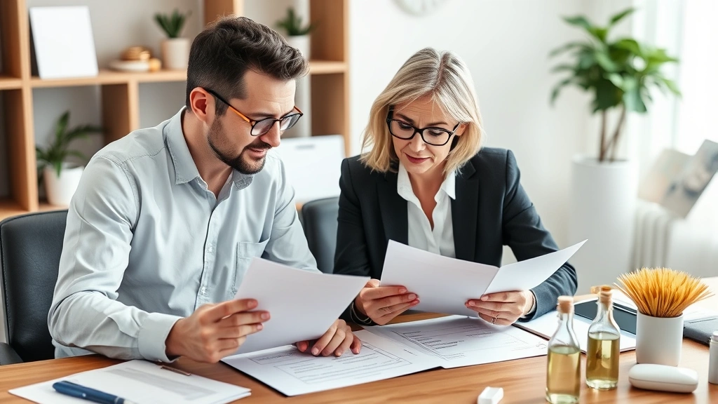 Diverse financial advisor and client reviewing comprehensive financial and health planning documents together at desk with wellness items visible, collaborative atmosphere