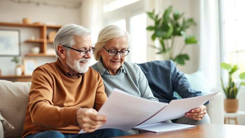 Healthy senior couple reviewing retirement and healthcare planning documents at home, relaxed setting, abundance of natural light, financial security concept