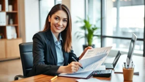 Professional woman in business attire reviewing healthcare documents and insurance paperwork at a modern desk with calculator and pen, natural office lighting, confident expression