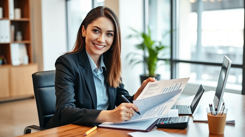 Professional woman in business attire reviewing healthcare documents and insurance paperwork at a modern desk with calculator and pen, natural office lighting, confident expression