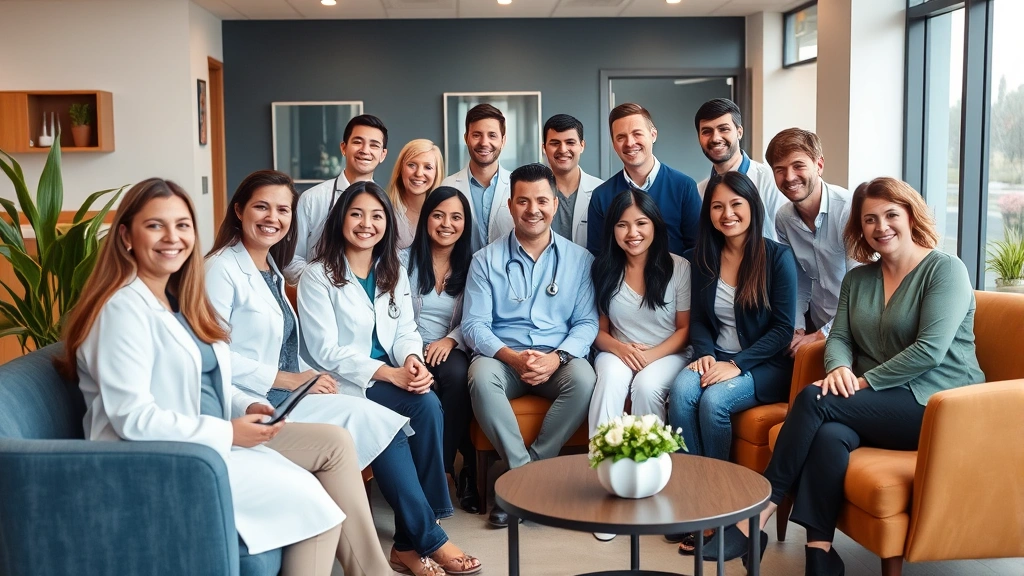 Diverse group of healthcare professionals and patients in a modern clinic waiting room, smiling and engaged, contemporary medical office environment with comfortable seating