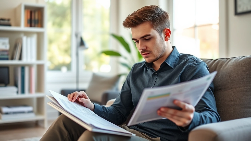 Young professional reviewing financial planning documents and insurance statements on tablet while sitting in comfortable home office, thoughtful expression, natural daylight