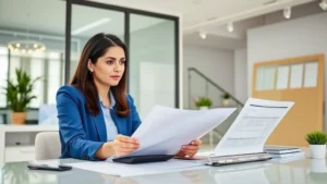 Professional woman reviewing medical documents at desk with calculator and health insurance paperwork, modern office setting, natural lighting, focused expression