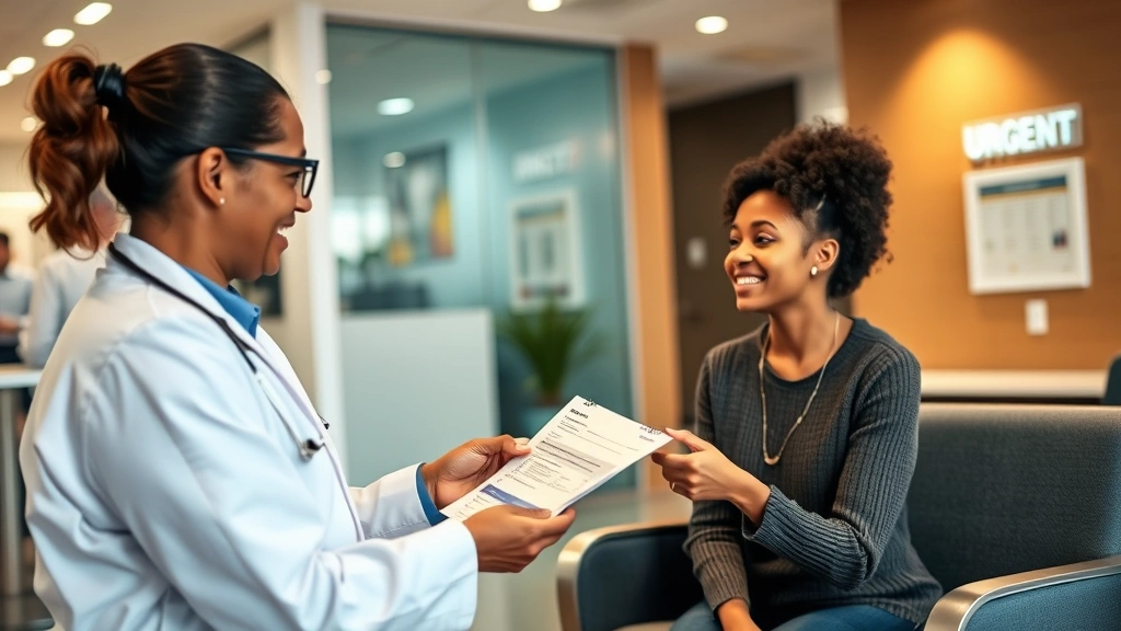 Healthcare professional explaining costs to patient in modern urgent care clinic waiting area, friendly interaction, warm lighting, professional attire