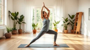 Professional woman doing yoga in bright home gym with natural sunlight, plants visible, peaceful expression, modern minimalist interior design, photorealistic high quality