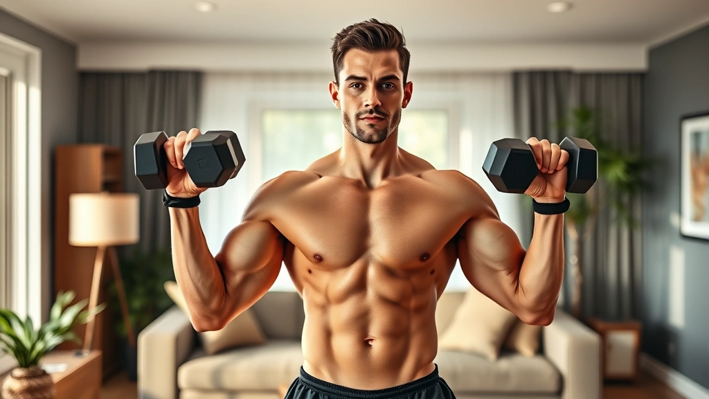 Fit man strength training with dumbbells in home workout space, confident posture, athletic build, contemporary living room setting, morning light, photorealistic