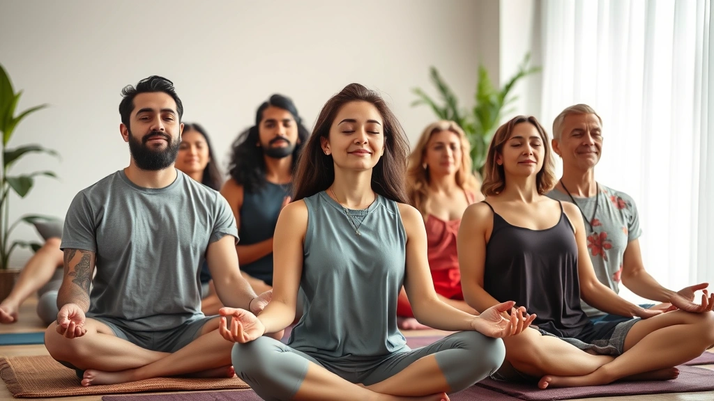 Diverse group meditating together in peaceful wellness space, serene expressions, natural lighting, comfortable modern room, health and wellness focused, photorealistic high quality