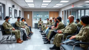 Military healthcare clinic waiting room with diverse beneficiaries, modern medical facility interior, comfortable seating, welcoming atmosphere, professional healthcare environment