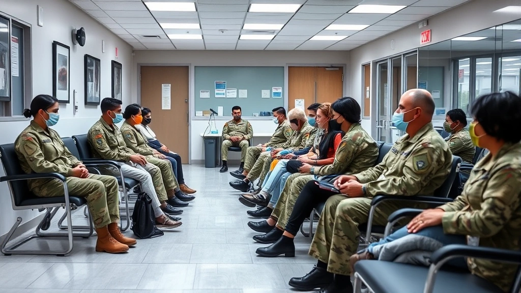 Military healthcare clinic waiting room with diverse beneficiaries, modern medical facility interior, comfortable seating, welcoming atmosphere, professional healthcare environment