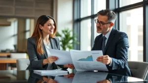 Professional woman in business attire consulting with a financial advisor in a modern office, reviewing healthcare insurance documents and financial charts on a desk, natural lighting, confident expression